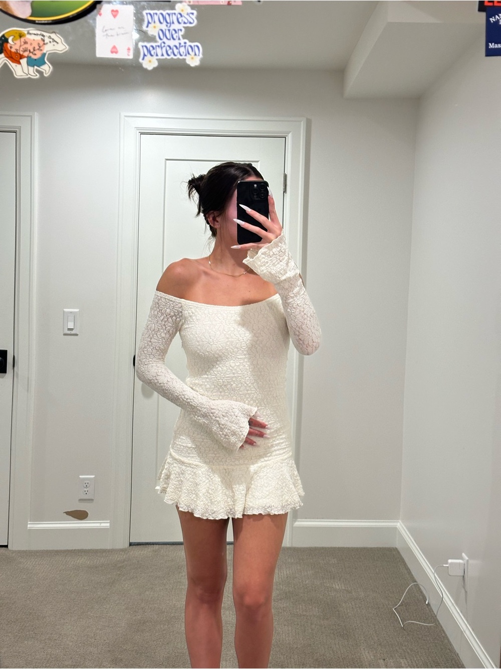 Vancesca Off Shoulder Long Sleeve Mini Dress Cream